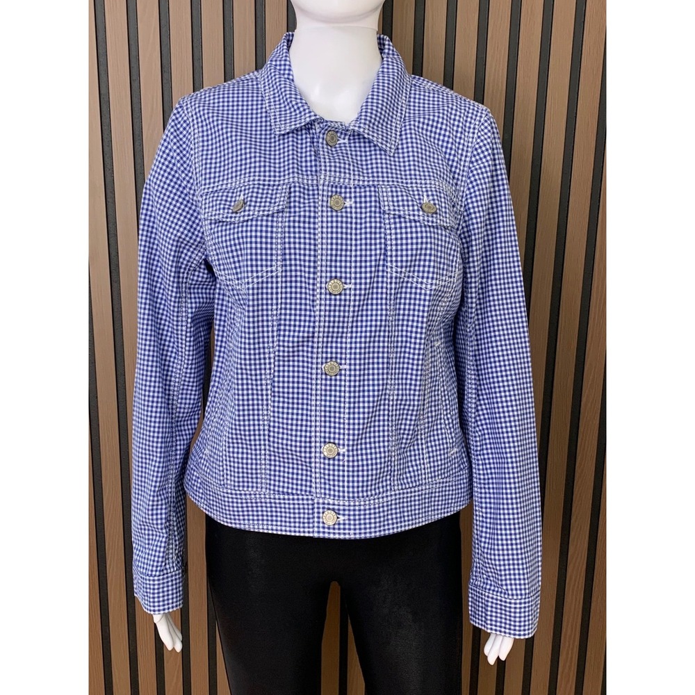 Talbots Women's Blue Gingham Check‎ Denim Style Jacket Size M Cotton Stretch